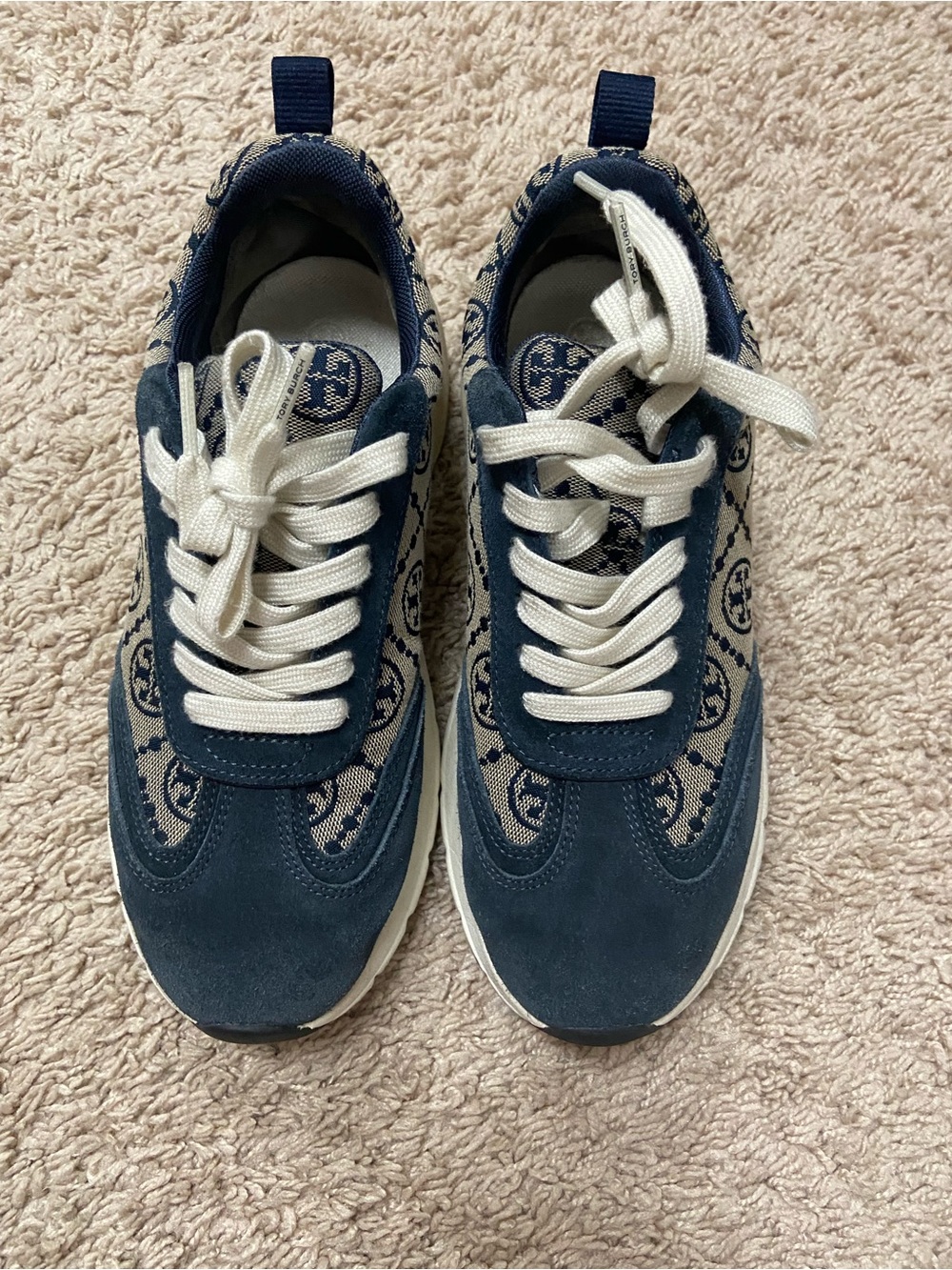 Tory Burch Navy Suede and Logo Canvas Lace-Up Sneakers